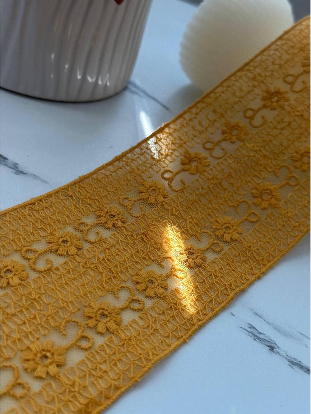 1Yd Non-Stretch 2.9" Mustard Yellow Floral Embroidered Cotton Lace Trim
